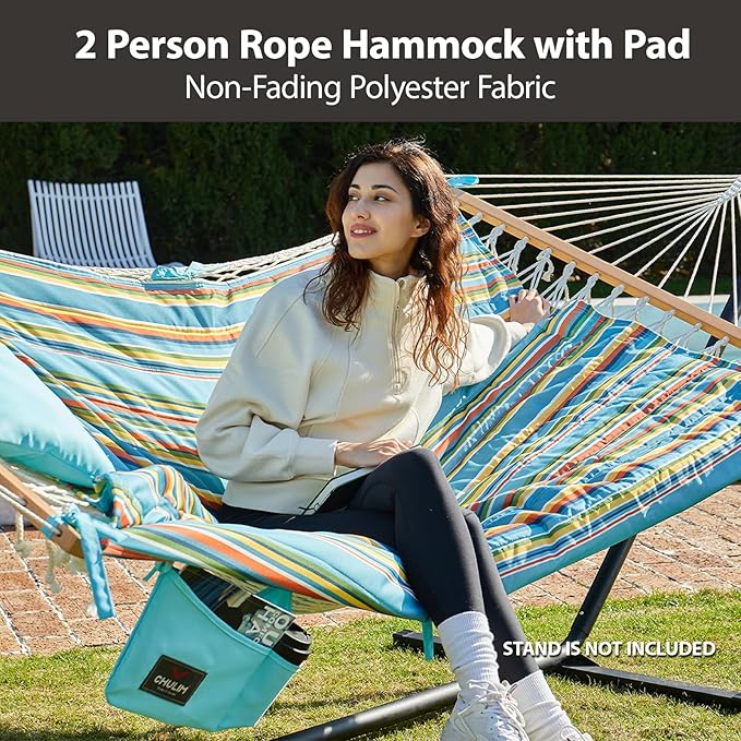 Outdoor Double Hammock with Hardwood Spreader Bars, Large Rope Hammock with Polyester Pad and Pillow, 475 LBS Capacity for 2 Person Patio Backyard Poolside - Bule Stripe