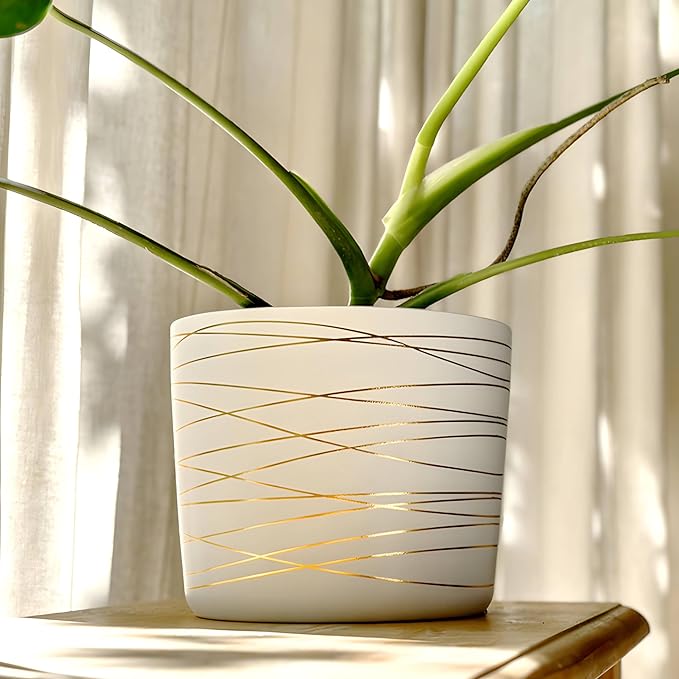 Willowy 9 Inch Ceramic Plant Pot - Matte White with Gold Stripes - Drainage Plug Included