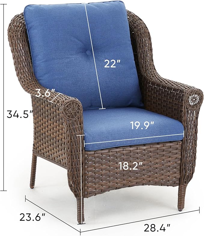 Patio Wicker Chairs Outdoor Furniture Chair - Set of 2 Outside All Weather Lawn Dining Brown Rattan Armchair with High Back&Deep Seating for Deck Porch Balcony Backyard Garden - Navy Blue