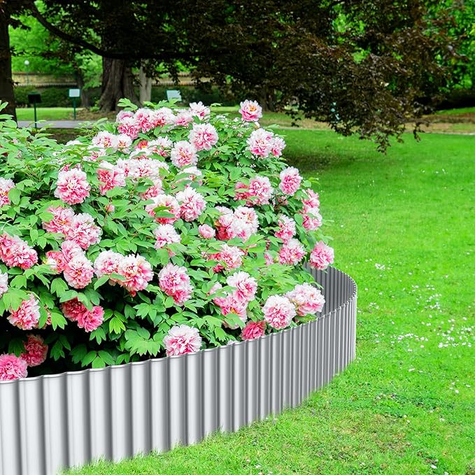 AHEONLAR Corrugated Metal Garden Edging, 5''×100Ft Garden Border Edging, Landscape Edging Border, Metal Edging for Landscaping, Garden, Pathway, Lawn, Flower Bed(Silver)
