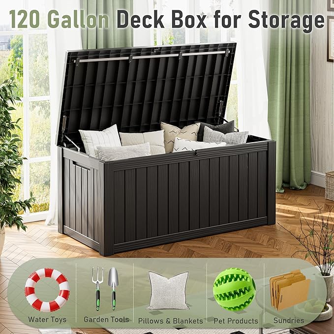 NUNU LAB 120 Gallon Outdoor Storage Box, Large Resin Deck Box with Lockable Lid, Waterproof Patio Storage Bench, Outdoor Cabinet for Garden Tools, Cushions & Pool Accessories