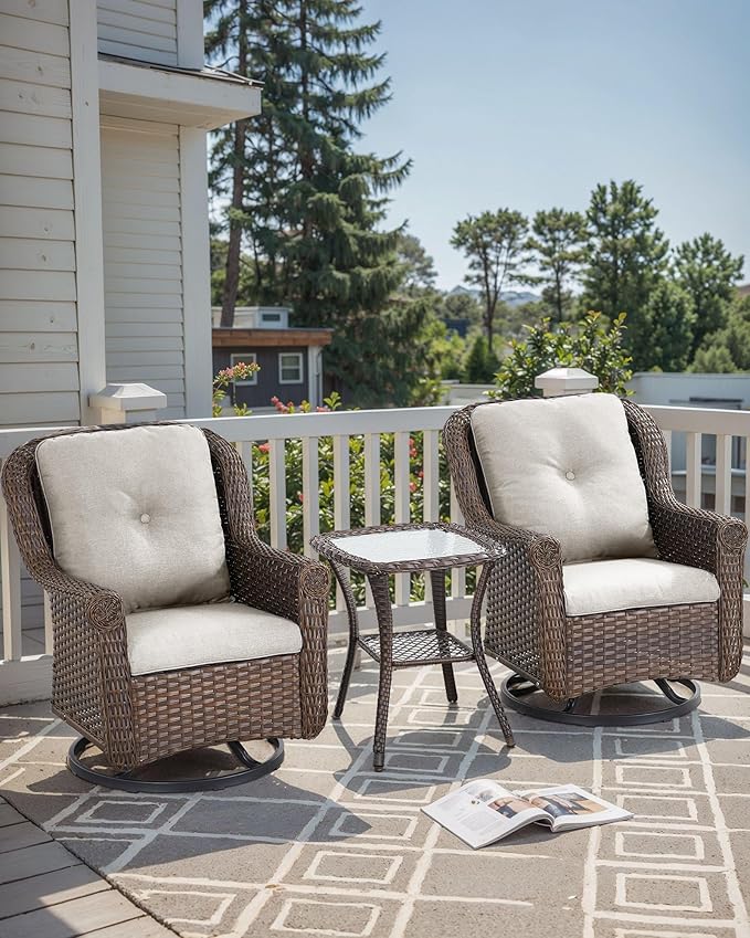 3 Piece Patio Swivel Chairs and Side Table Set - High Back Outdoor Brown Wicker Rattan Rocking Glider with Thick Cushions for Porch Apartment Deck Yard Poolside Garden - Beige
