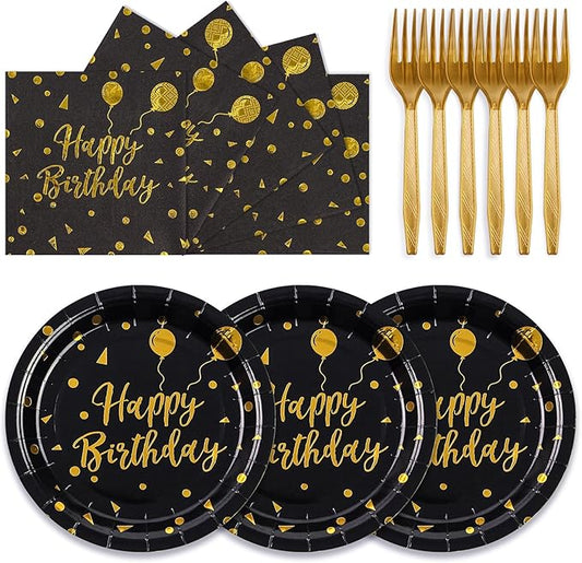 75PCS Happy Birthday Paper Plates - 7 Inch Black Gold Dot Paper Plates and 6.5 Inch Napkins with 6.3 Inch Gold Forks Disposable Tableware Set for Birthday Party Decorations, Serves 25