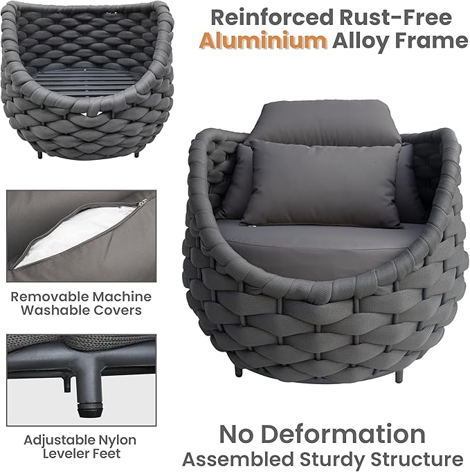 6 Pcs Patio Rope Accent Chair: Aluminum Single Lounge Armchair - Large Woven Chair Cushioned - Modern Arm Chair Assembled for 400lbs Outdoor Lanai Deck Balcony Porch Yard Garden Hotel, Dark Gray