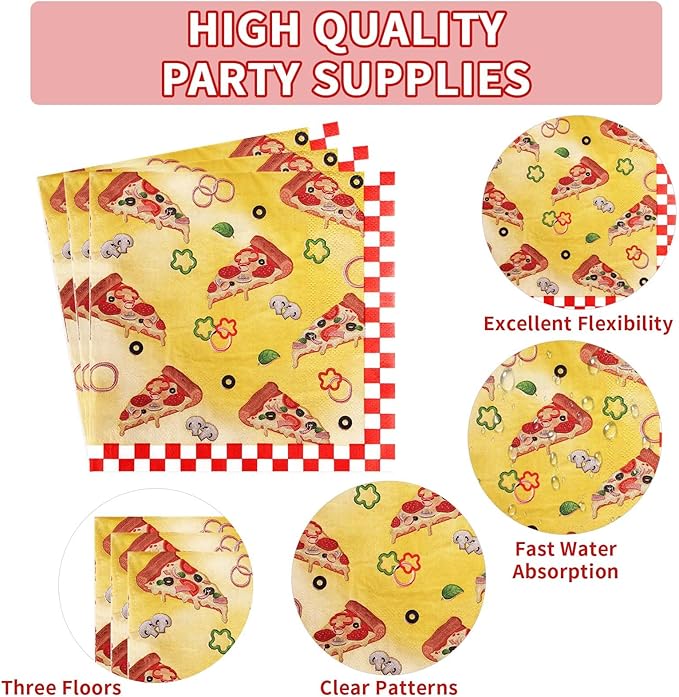 96Pcs Pizza Party Supplies 350GSM Pizza Party Plates and Napkins Tableware Sets Pizza Birthday Party Decorations Favors for Pizza Night Theme Kids Baby Shower Carnival Italy Party Decor Serves 24
