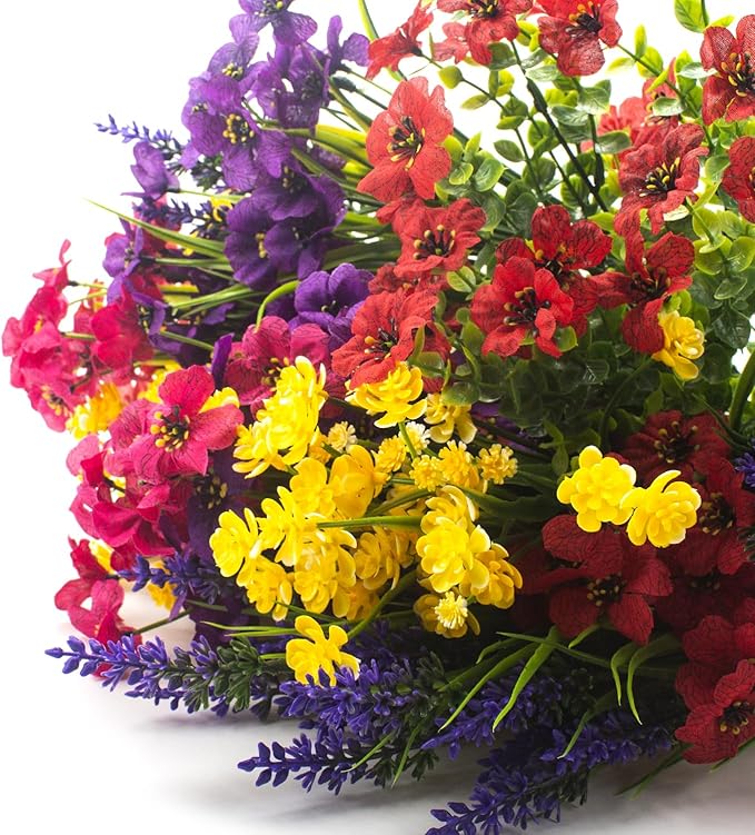 20Pcs UV Resistant Artificial Flowers Outdoor, Realistic Faux Greenery Shrubs with Rust-Proof Stems - Waterproof Fade-Proof Hanging Plants for Garden, Porch, Patio, Cemetery Decor (All-Season Durable)