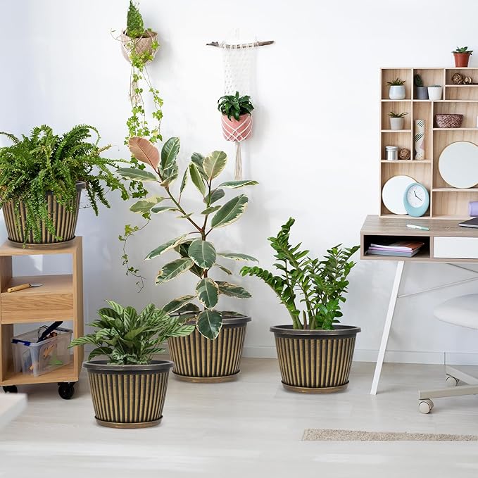 Planter-Pots-for-Plants-Indoor-Outdoor, 3 Pack 10 Inch Plastic Flower Pots with Saucer & Drainage Holes, Modern Garden Planters for Planting Medium Large Plants，Decorative Resin Garden Pots