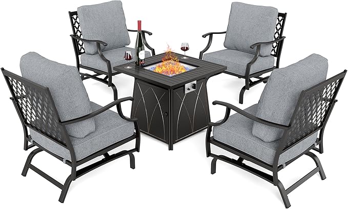 5 Piece Metal Outdoor Patio Furniture Set with Fire Pit Table, Patio Conversation Sets 4 Rocking Chairs with 5.75" Thick Cushion and 5000 BTU Fire Pit Table, Backyard Furniture, Gray