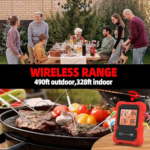 Digital Meat Thermometer - Cooking Food Oven BBQ Smoker Grill Thermometer for Grilling Smoking - Wireless Meat Thermometer with 4 Temperature Probes