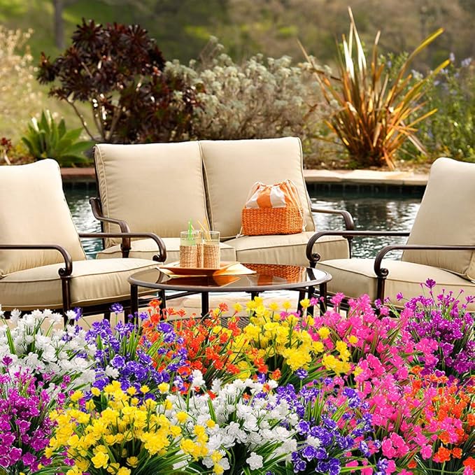 10 Bundles Artificial Flowers Outdoor UV Resistant Fake Plants Indoor Outside Hanging Planter Home Garden Decor (Purple)