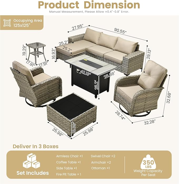 HOOOWOOO Outdoor Sectional Furniture Set with Fire Pit Table,9 Pieces Wicker Patio Conversation Sets,L Shape All Weather Outside Couch Sofa Set with Swivel Chairs Ottoman,Beige