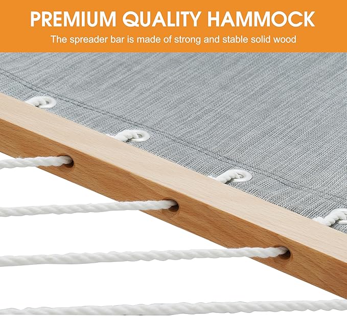 Lazy Daze Hammocks 11 FT Double Outside Hammock Quick Dry Olefin Fabric Hammock with Spreader Bar & Side Pocket for Outdoor Poolside Backyard 450 lbs Capacity, Gray