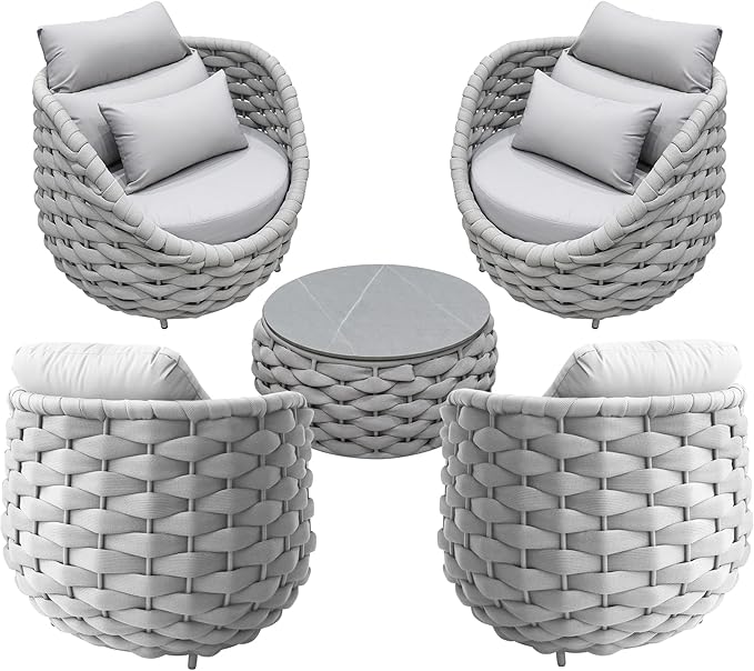 TWT Aluminum Outdoor Patio Furniture Set, 4 Textilene Armchairs Modern Outdoor Conversation Set Outdoor Single Sofa with Upgrade Cushion and Coffee Table for Balcony, Light Grey