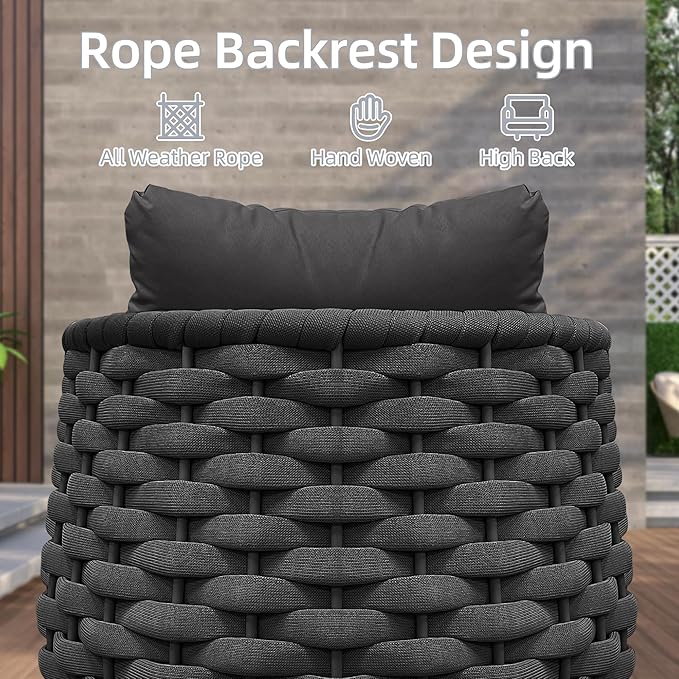 6 Pieces Patio Furniture Set Outdoor Rope Conversation Sectional Patio Sofa with 6 Seater for Backyard, Porch, Modern Armchairs with Thickness Cushions and Side Table, Dark Grey