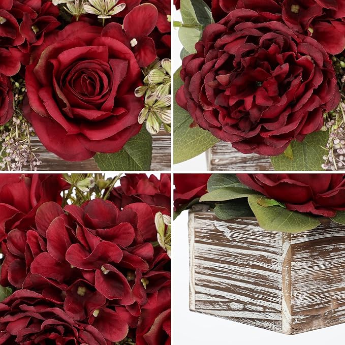 Flower Arrangement with Wooden Vase 14" Artificial Flowers in Pot - Fake Flowers Roses Peonies Hydrangeas in Wooden Vase Potted Artificial Flower Centerpieces for Table Decor Living Room - Red