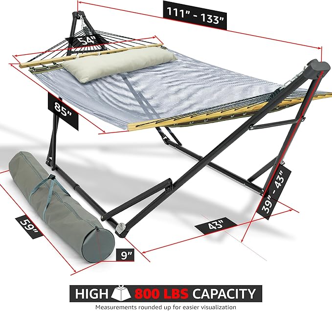 Tranquillo Unity Adjustable Hammock Stand, 800 lbs Capacity Steel Double Hammock Stand for 2 Persons, Premium Pre-Assembled Stand for Indoor Outdoor, Grey