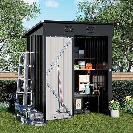 COMHOMA Shed Outdoor Storage Shed Metal,Lockable Doors Tool Sheds with Sloping Roof,Steel Garden Shed with Air Vent for Backyard,Patio,Lawn,Poolside (Grey, 5'*3')