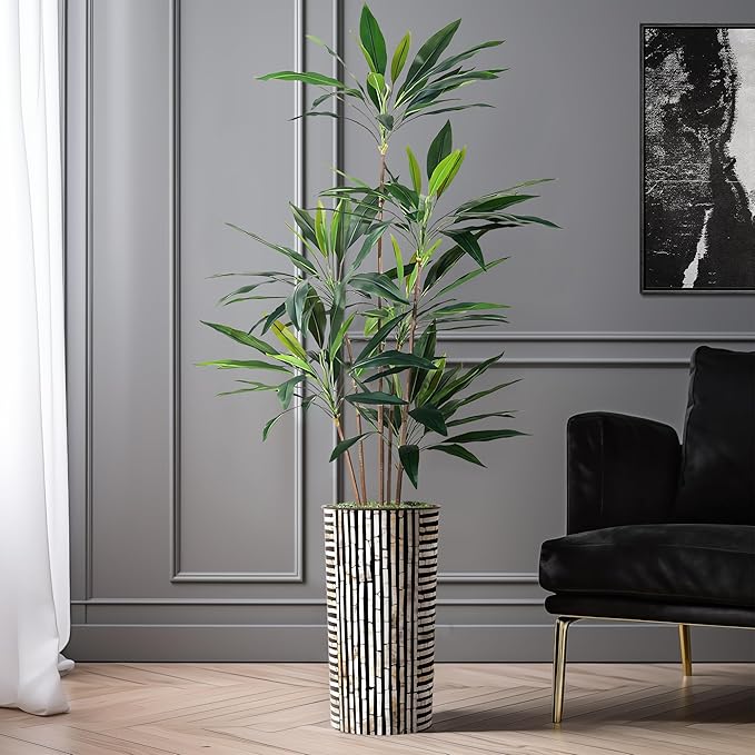 Artificial Tree in Black and Brown Striped Planter, Fake Dracaena Tree Silk Tree for Indoor and Outdoor Home Decoration - 66" Overall Tall (Plant Pot Plus Tree)