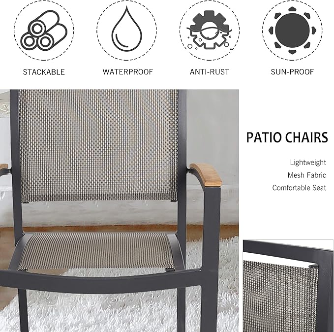 TRY & DO Patio Dining Chairs Set of 4,Outdoor Stackable Dining Chairs with Armrest Textilene Mesh Fabric Aluminum Frame Patio Furniture Sets for Garden, Balcony, Lawn and Indoors