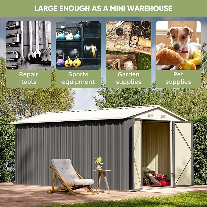 Patiowell 8 x 12 FT Metal Storage Shed for Outdoor, Steel Yard Shed with Design of Lockable Doors, Utility and Tool Storage for Garden, Backyard, Patio, Outside Use, Grey