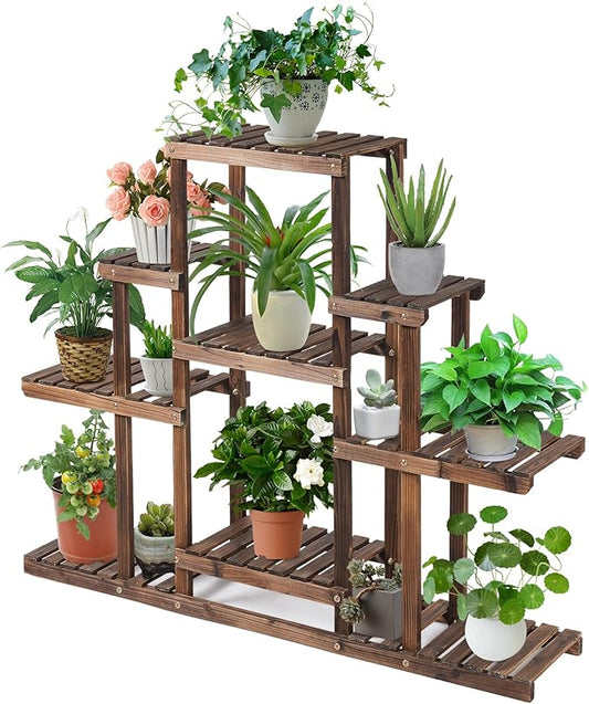 COSTWAY 6-Tier Multifunctional Wood Flower Stand, Shelf Holder for Multiple Plants, Freestanding Plant Rack for Garden, Patio, Balcony, Living Room, Indoor, Outdoor