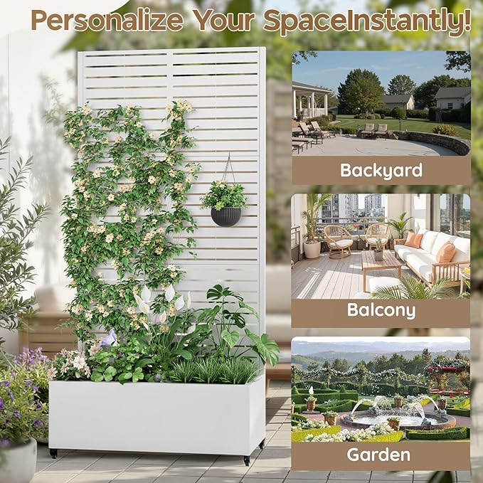 Metal Raised Garden Bed with Trellis & Wheels,70" x 35"x 15.7" Planter Box with Trellis,Privacy Planters for Patio,Garden Bed for Climbing Plants,Suitable for Climbing Plants and Vegetables,White