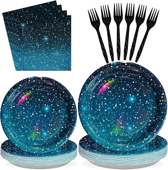 96Pcs Galaxy Party Supplies Iridescent Space Stars Birthday Plates and Napkins Tableware Sets Blue Starry Night Sky Decorations Favors for Mens Boys Baby Shower Galaxy Theme Party Decor Serves 24