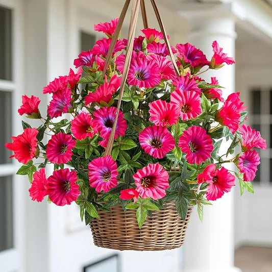 4 Pcs UV Resistant Artificial Petunias Fake Flowers Artificial Flowers for Outdoors Silk Flowers Fake Hanging Basket Plants Suitable for Outdoor Porch Decoration patio Decor 13.3In (Rose red)