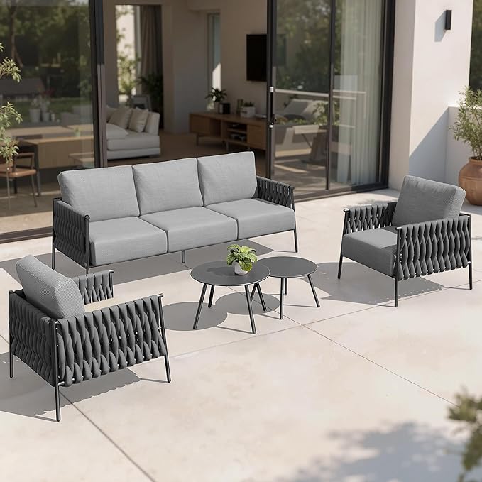 EAST OAK Patio Furniture Set Life Chatter 5-Seat Outdoor Furniture Deep Seating & Two Coffee Tables Waterproof Extra-Thick Cushions Porch, Balcony & Backyard Grey