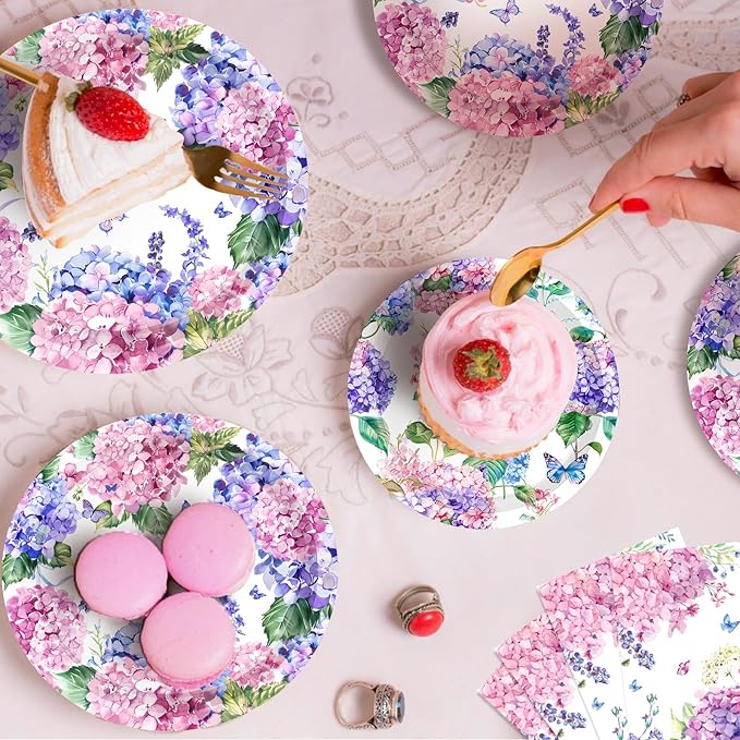 CC HOME Hydrangea Birthday Paper Plates Napkins Pink Purple Flowers Disposable Tableware Set Party Supplies Spring Floral Theme Dinnerware Serves 24 Guests for Audlts Kids Baby Shower Birthday 88PCS