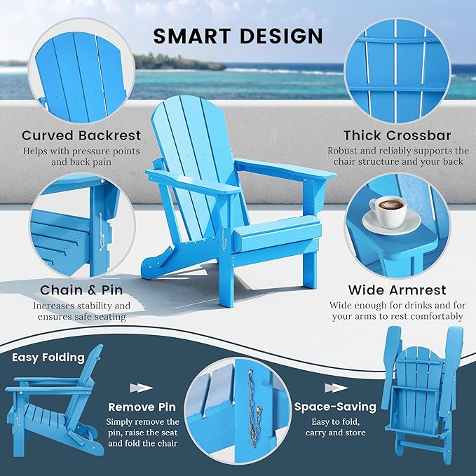 Westin Outdoors Laguna WO Home Outdoor Adirondack Folding Chair Lounger Seat Traditional Retro Home Furniture for Beach, Balcony, Backyard, Lawn, Patio, Pool, Deck, Garden (Pacific Blue)
