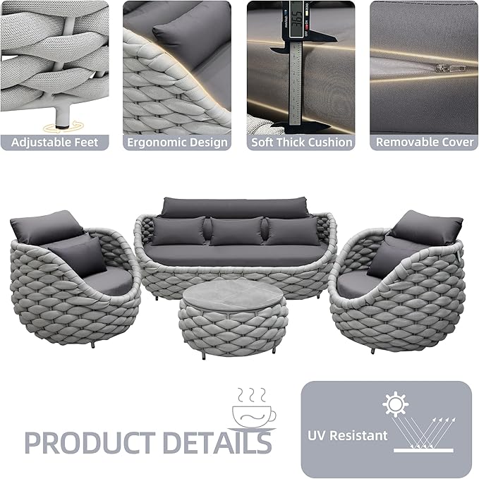 6-Piece Aluminum Patio Furniture Set, Modern Outdoor Conversation Set Sectional Sofa with Water Repellent Thick Cushions and Coffee Table for Balcony, Garden