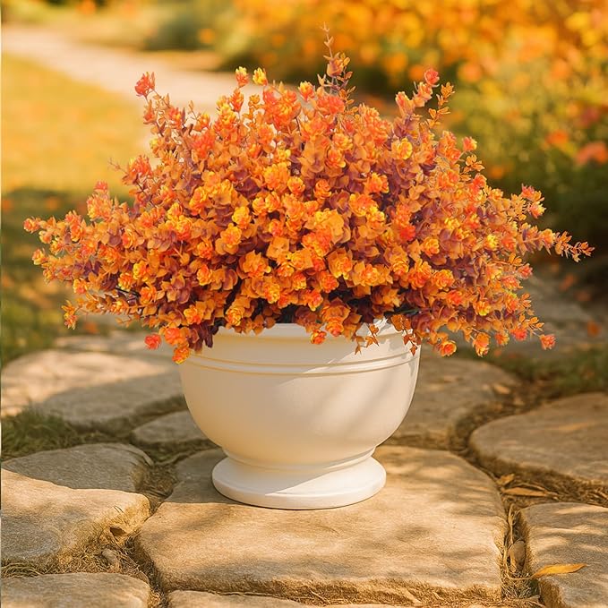 Artificial Mums for Outdoors, 12 Bundles Faux Mums for Fall Planters,Uv Resistant Eucalyptus Artificial Fake Flowers Plants, Realistic Fall Decor for Porch, Patio, Yard (Fall Stems)