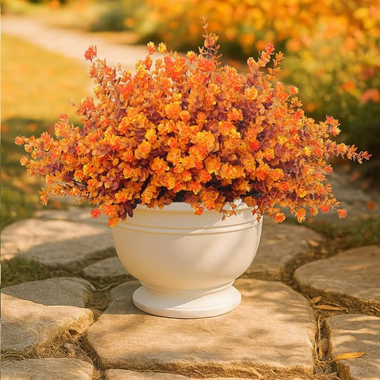 Artificial Mums for Outdoors, 12 Bundles Faux Mums for Fall Planters,Uv Resistant Eucalyptus Artificial Fake Flowers Plants, Realistic Fall Decor for Porch, Patio, Yard (Fall Stems)