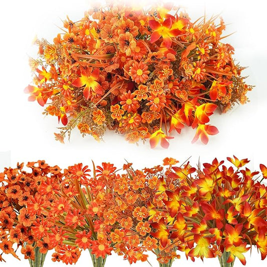 36 Bundles Outdoor Artificial Fall Flowers UV Resistant Plastic Faux Flowers Fake Fall Plants Shrubs Fall Decoration for Autumn Garden Patio Wedding Kitchen Farmhouse Decor