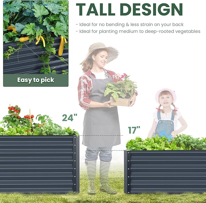 Galvanized Raised Garden Bed Box Planter for Outdoor Plants 17" Extra Tall Raised Garden Beds Outdoor Garden Boxes Outdoor Raised Metal Raised Garden Beds for Vegetables 96"X48"X17", Midnight Grey