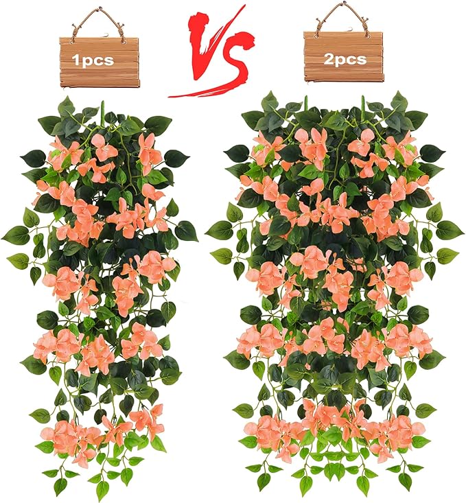 Artificial Hanging Flowers Bougainvillea, UV Resistant Fake Plastic Faux Flower Fabric Vine for Indoor Outdoor Garden Porch Eave Wedding Wall Décor Fall Decorations