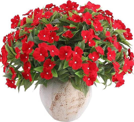 8 Bundles Artificial Impatiens Flowers for Outdoor Silk Impatiens Flowers Faux Flowers for Pot Patio Lawn Garden Hanging Basket Porch Home Decor (8, Red)