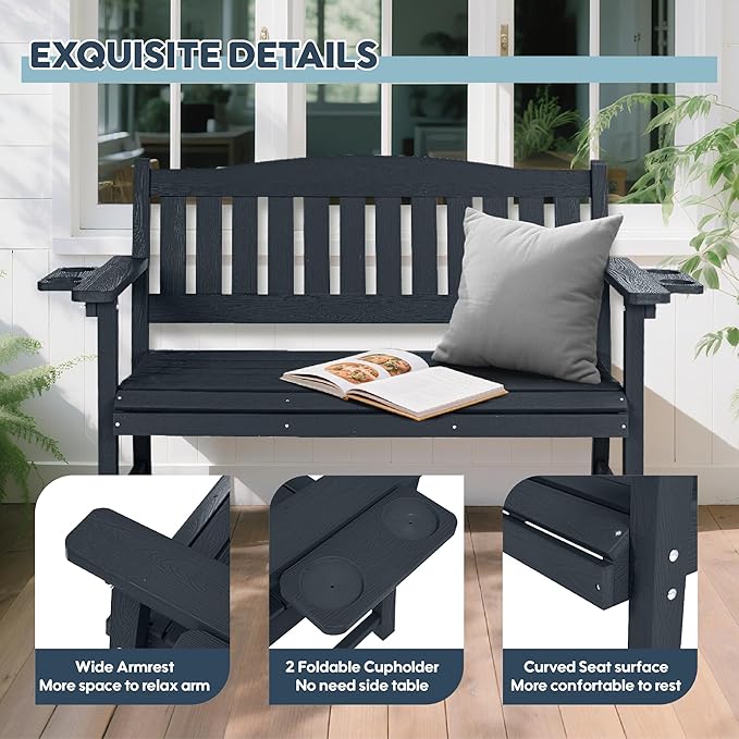 2-Person HIPS Outdoor Bench, Weatherproof Garden Bench with 800 lbs Weight Capacity, Artificial Wood Grains, Never Rot or Fade, Patio Benches for Garden, Porch, Balcony, Backyard,Park, Black