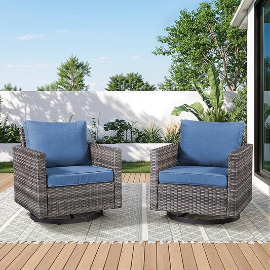 Wicker Swivel Rocker Patio Chairs-High Back Outdoor Swivel Chairs Set of 2 with Thickened Cushions Wide Armrest All Weather Patio Furniture Set for Deck Porch Balcony(Grey/Blue)