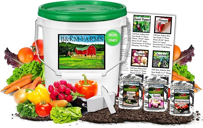 B&KM Farms 25,000+ Survival Seed Kit 5+ Year Supply. 40 Fruit & Vegetable Non-GMO Heirloom Seeds for Planting a Home Garden. Secure Emergency Weather-Proof Bucket