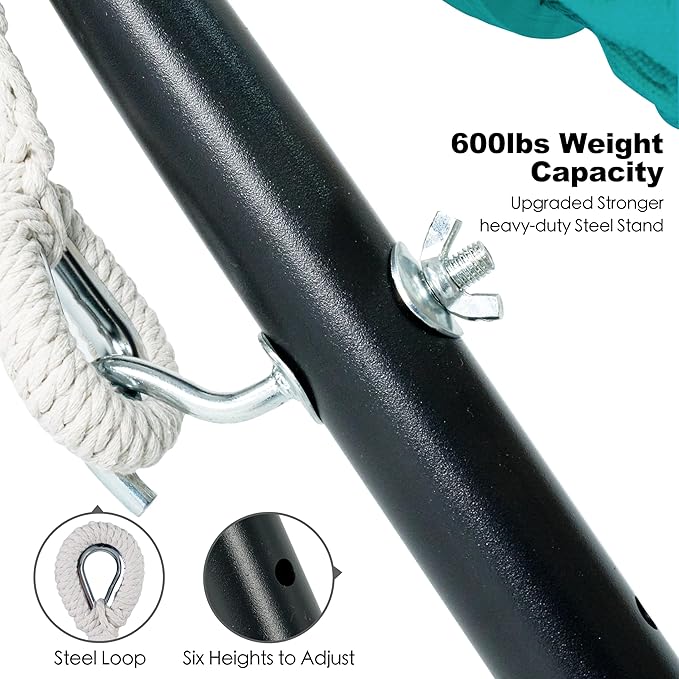 Double Hammock with Stand for Outside, Upgraded Spreader Bar, Heavy Duty Space Saving Steel Stand 2 Person, Side Pockets, Easy Assembly, 600lbs Weight Capacity, Indoor & Outdoor (Aqua Blue)