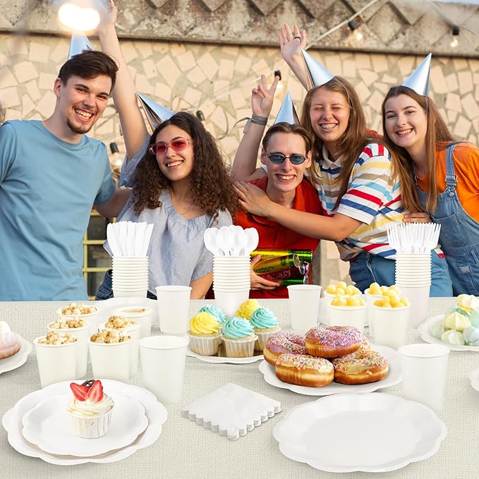 175 Pcs White Plates and Napkins Set, 25 Guest White Party Supplies Include Scalloped Plate Paper Napkin Cup Forks Knives Disposable Plastic Cutlery for Wedding Baby Shower Birthday Party