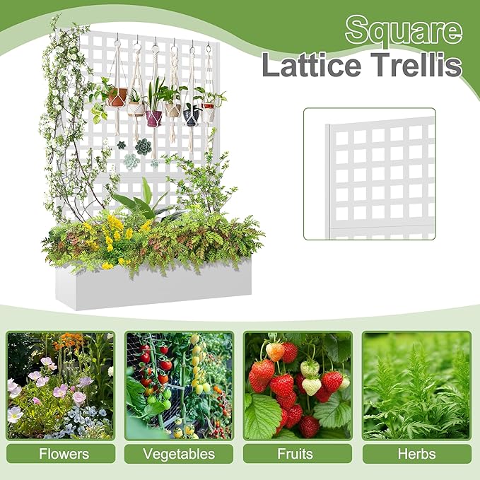 Metal Raised Garden Bed, Trellis Planters Bed with Drainage Holes for Climbing Plants, Vegetables Outdoor Privacy Screen with Planter Box 73"x47"x16", White