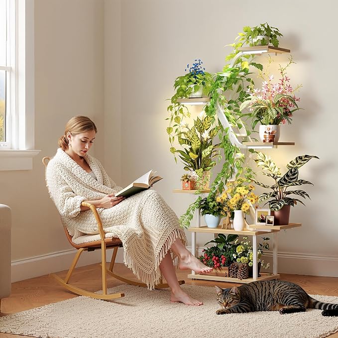 White Plant Shelves with Grow Lights: 7-Tier 65" Tall Stand for Indoor Corners, Living Room Display or Bedroom Gardening Rack