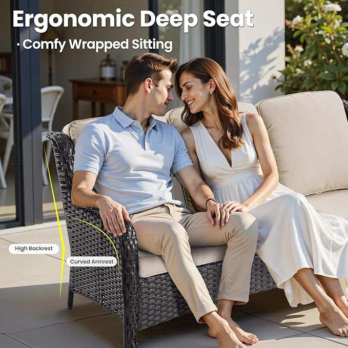 ovios 5 Pieces Patio Furniture Set, Outdoor Wicker Sofa Couch with Swivel Chairs 42" Fire Pit Table, All Weather High Back Modern Conversation Sets, Brown Rattan, Beige