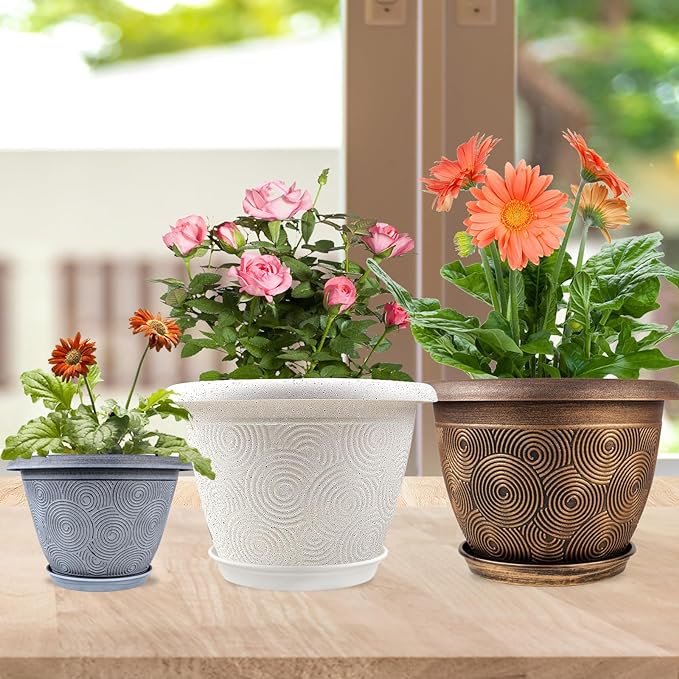 16 Inch Large Planter Pot for Plants Indoor Outdoor, 4 Pack Plastic Flower Pots with Drainage Hole & Tray, Modern Decorative Garden Pot with Saucer, Plant Container for House