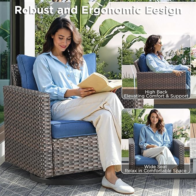 6 Pieces Patio Furniture Set-All Weather Outdoor Swivel Rocker Patio Chairs with 3-Seat Section Couch and Rattan Coffee Table Outdoor Conversation Sets for Garden Backyard Deck(Brown/Blue)