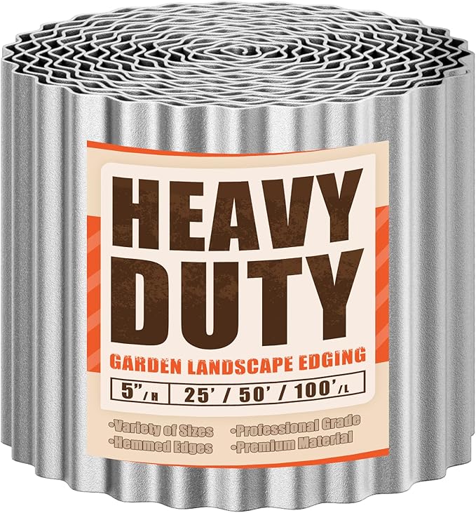 AHEONLAR Corrugated Metal Garden Edging, 5''×100Ft Garden Border Edging, Landscape Edging Border, Metal Edging for Landscaping, Garden, Pathway, Lawn, Flower Bed(Silver)