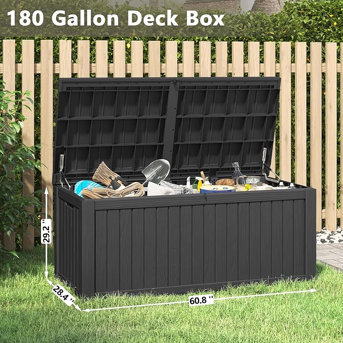 NUNU LAB 180 Gallon Outdoor Storage Box, Large Resin Deck Box with Double Wall Panels, Waterproof Patio Storage Bin for Garden Tools, Pool Accessories, Package Deliveries & Outdoor Gear